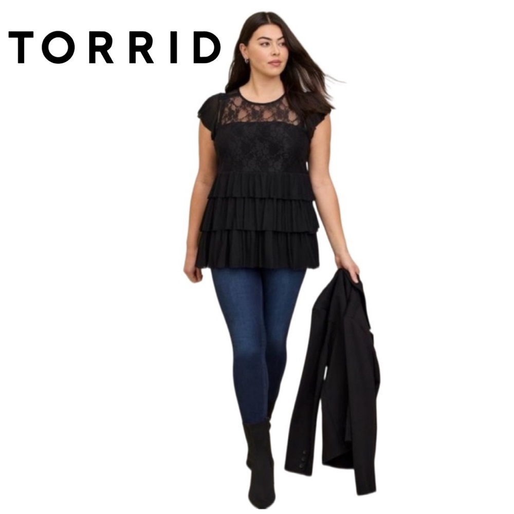 Torrid Women's Size 1 Stretch Mesh Lace Black Tiered Babydoll Top